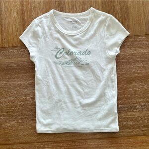 American Eagle AE Graphic Hey Baby Tee Colorado Theme Ribbed White T-Shirt